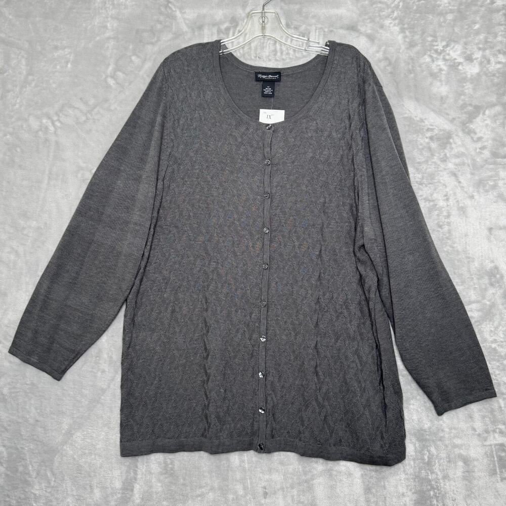 Maggie Barnes Sweater Womens 1X 18/20 Gray Cardigan Button Front NEW Long Sleeve